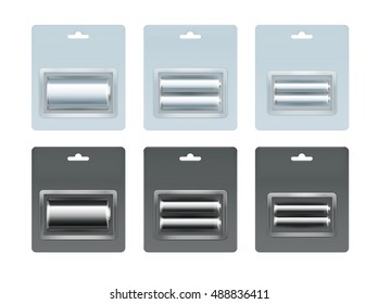 Vector Set of Light Blue Black Glossy Alkaline AA, AAA, C Batteries in Black Light Blue Blister Packed for branding Close up Isolated on White Background