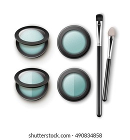 Vector Set of Light Blue Gray Eye Shadows in Round Black Transparent Plastic Case with Makeup Brushes Applicators Top View Isolated on White Background