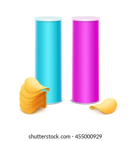 Vector Set of Light Blue Pink Tin Box Container Tube for Package Design with Stack of Potato Crispy Chips Close up Isolated on Background
