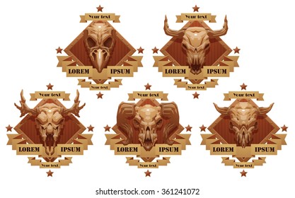 Vector set of light brown round wooden emblems with beige banners, stars on top and bottom and arrows below, with cartoon image of beige animal's skulls with horns in the center on white background.