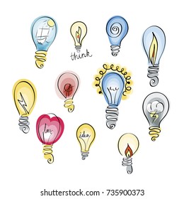 Vector set of light bulb icons with concept of idea. Doodle sign collection. Sketch design illustration for print, web, logos