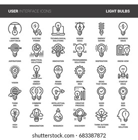 Vector set of light bulbs flat line web icons. Each icon with adjustable strokes neatly designed on pixel perfect 48X48 size grid. Fully editable and easy to use.