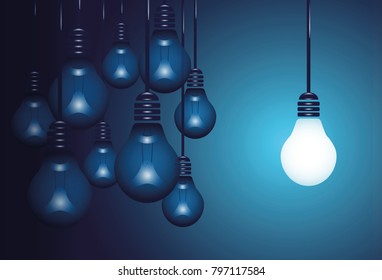 A vector set of Light Bulbs of wich one lit isolated on dark blue background