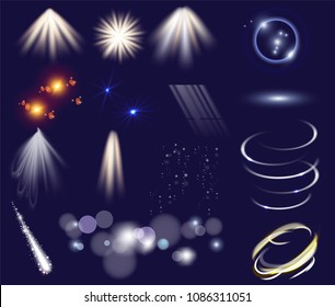 Vector set of light effects. Isolated clip art template objects. Glow light stars bursts with sparkles. Magic glitter effects.