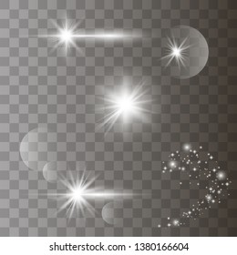 Vector set of light effects, lens flare, light beams, spotlight, flash light. Realistic lens flares star lights and glow white elements. Vector illustration eps10.