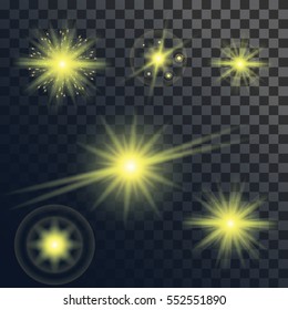 Vector set of light flare or star explosion with glowing sparkles and lens flare effect. Shining sunburst light effect on transparent background. Illustration for effect decoration with ray sparkles.