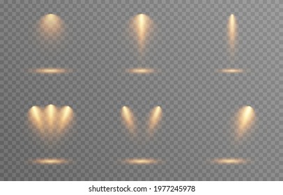 Vector Set Of Light. Golden Light Source, Studio Lighting, Walls, Png. Light Beams, Light Effect.