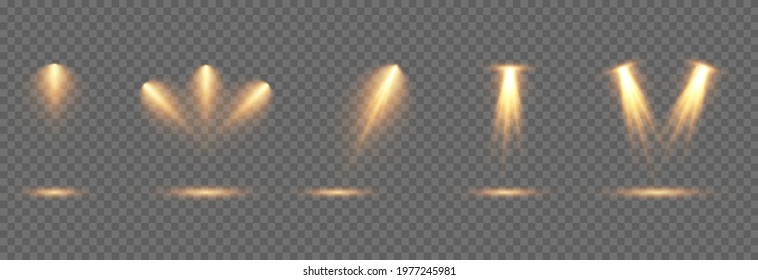 Vector Set Of Light. Golden Light Source, Studio Lighting, Walls, Png. Light Beams, Light Effect.