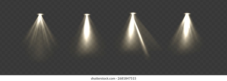 Conjunto de luz vetorial. Fonte de luz dourada, iluminação estúdio, paredes, feixes de luz, efeito de luz.