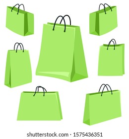 Vector Set of Light Green Shopping Bags. Flat Illustration