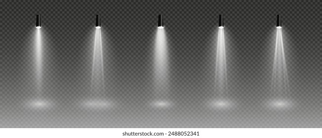 The vector set of light includes a light source, studio lighting, walls, and a PNG. It also includes spotlight lighting and a spotlight PNG. Finally, it includes light beams and a light effect.