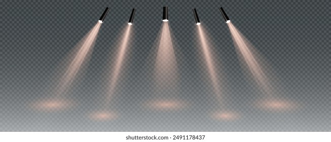 The vector set of light includes a light source, studio lighting, walls, and a PNG. It also includes spotlight lighting and a spotlight PNG. Finally, it includes light beams and a light effect.