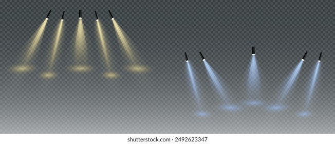 The vector set of light includes a light source, studio lighting, walls, and a PNG. It also includes spotlight lighting and a spotlight PNG. Finally, it includes light beams and a light effect.