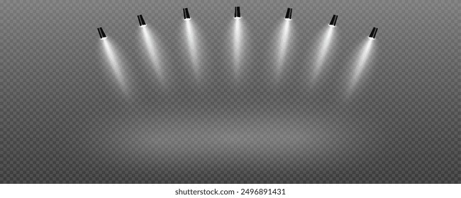The vector set of light includes a light source, studio lighting, walls, and a PNG. It also includes spotlight lighting and a spotlight PNG. Finally, it includes light beams and a light effect.