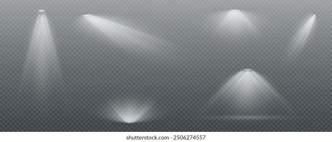 The vector set of light includes a light source, studio lighting, walls, and a PNG. It also includes spotlight lighting and a spotlight PNG. Finally, it includes light beams and a light effect.