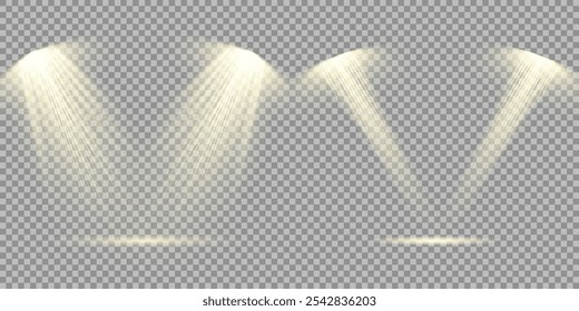 The vector set of light includes a light source, studio lighting, walls, and a PNG. It also includes spotlight lighting and a spotlight PNG. Finally, it includes light beams and a light effect.