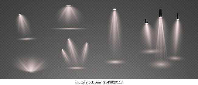 The vector set of light includes a light source, studio lighting, walls, and a PNG. It also includes spotlight lighting and a spotlight PNG. Finally, it includes light beams and a light effect.