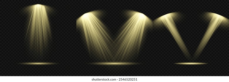 The vector set of light includes a light source, studio lighting, walls, and a PNG. It also includes spotlight lighting and a spotlight PNG. Finally, it includes light beams and a light effect.