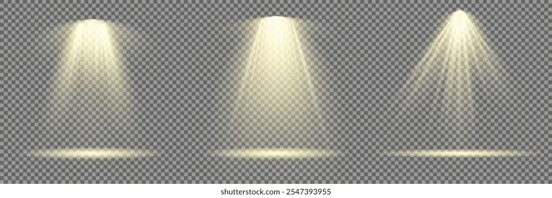 The vector set of light includes a light source, studio lighting, walls, and a PNG. It also includes spotlight lighting and a spotlight PNG. Finally, it includes light beams and a light effect.