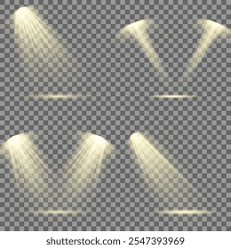 The vector set of light includes a light source, studio lighting, walls, and a PNG. It also includes spotlight lighting and a spotlight PNG. Finally, it includes light beams and a light effect.