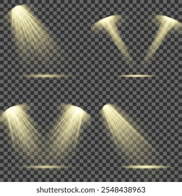 The vector set of light includes a light source, studio lighting, walls, and a PNG. It also includes spotlight lighting and a spotlight PNG. Finally, it includes light beams and a light effect.