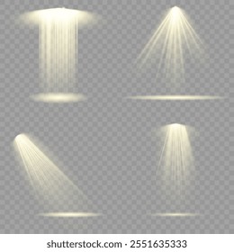 The vector set of light includes a light source, studio lighting, walls, and a PNG. It also includes spotlight lighting and a spotlight PNG. Finally, it includes light beams and a light effect.