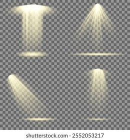 The vector set of light includes a light source, studio lighting, walls, and a PNG. It also includes spotlight lighting and a spotlight PNG. Finally, it includes light beams and a light effect.