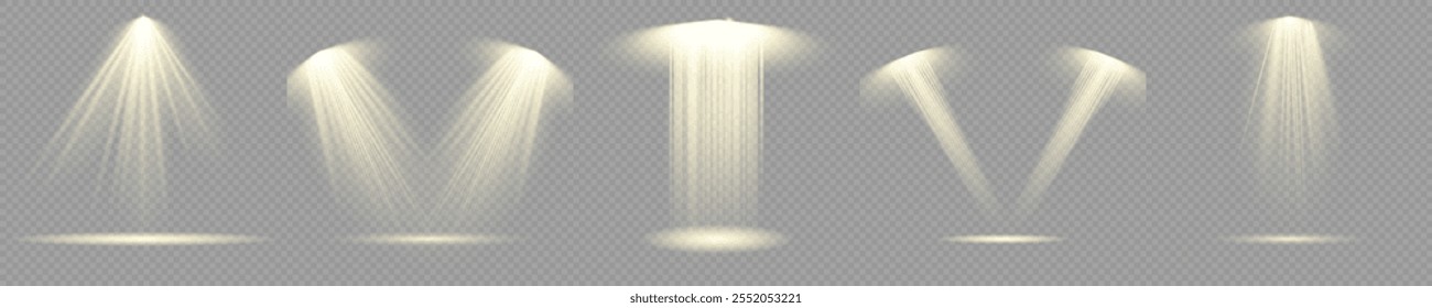 The vector set of light includes a light source, studio lighting, walls, and a PNG. It also includes spotlight lighting and a spotlight PNG. Finally, it includes light beams and a light effect.
