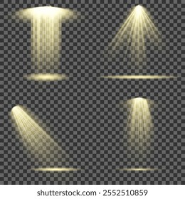 O conjunto vetorial de luz inclui uma fonte de luz, iluminação de estúdio, paredes e um PNG. Também inclui iluminação de holofotes e um PNG de holofote. Por último, inclui feixes de luz e um efeito de luz.