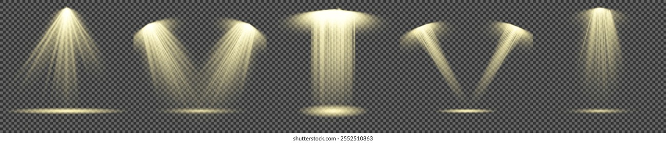 The vector set of light includes a light source, studio lighting, walls, and a PNG. It also includes spotlight lighting and a spotlight PNG. Finally, it includes light beams and a light effect.