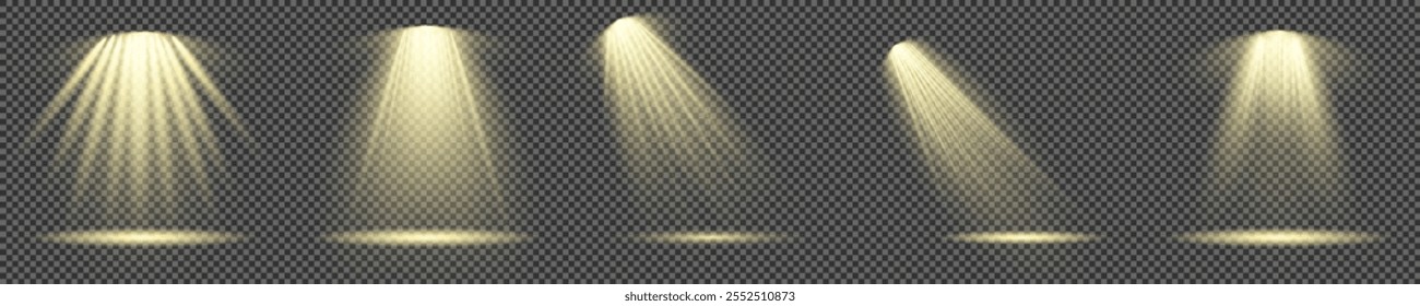 The vector set of light includes a light source, studio lighting, walls, and a PNG. It also includes spotlight lighting and a spotlight PNG. Finally, it includes light beams and a light effect.