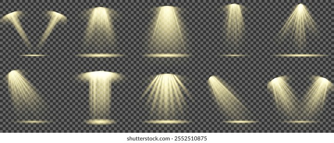 The vector set of light includes a light source, studio lighting, walls, and a PNG. It also includes spotlight lighting and a spotlight PNG. Finally, it includes light beams and a light effect.