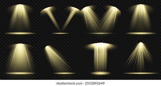 O conjunto vetorial de luz inclui uma fonte de luz, iluminação de estúdio, paredes e um PNG. Também inclui iluminação de holofotes e um PNG de holofote. Por último, inclui feixes de luz e um efeito de luz.