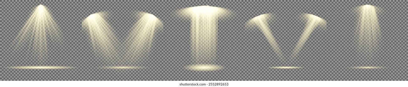 O conjunto vetorial de luz inclui uma fonte de luz, iluminação de estúdio, paredes e um PNG. Também inclui iluminação de holofotes e um PNG de holofote. Por último, inclui feixes de luz e um efeito de luz.