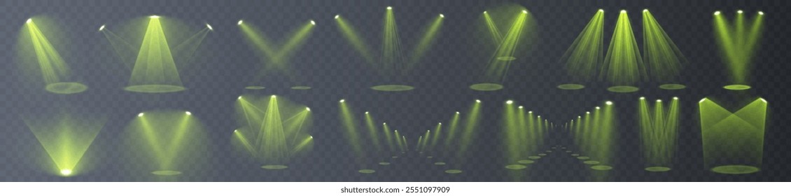 The vector set of light includes a light source,bright spotlight on the stage shines with rays. Isolated light effect for your design and illustration., studio lighting, walls