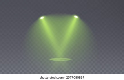 The vector set of light includes a light source,bright spotlight on the stage shines with rays. Isolated light effect for your design and illustration., studio lighting, walls	
