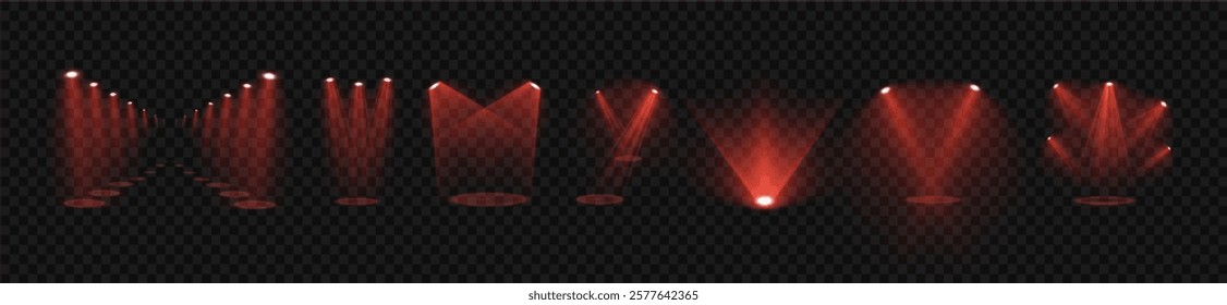 The vector set of light includes a light source,bright spotlight on the stage shines with rays. Isolated light effect for your design and illustration., studio lighting, walls	