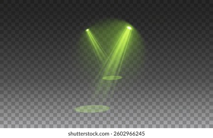 The vector set of light includes a light source,bright spotlight on the stage shines with rays. Isolated light effect for your design and illustration., studio lighting, walls