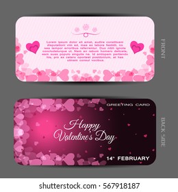 Vector set of light pink greeting card for Valentine's Day with line pattern, text and dark pink gradient case with hearts pattern on the gray background.