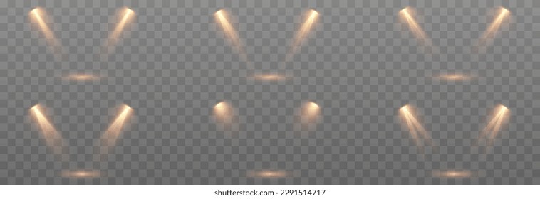 Vector set of light source png. Studio lighting png. Yellow light source png. Light from a lamp or spotlight. light effect.