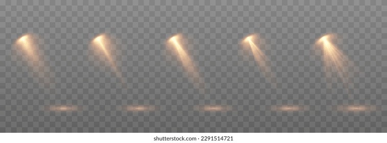 Vector set of light source png. Studio lighting png. Yellow light source png. Light from a lamp or spotlight. light effect.