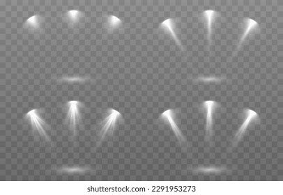 Vector set of light source png. Studio lighting png. White light source png. Light from a lamp or spotlight. light effect.