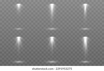 Vector set of light source png. Studio lighting png. White light source png. Light from a lamp or spotlight. light effect.