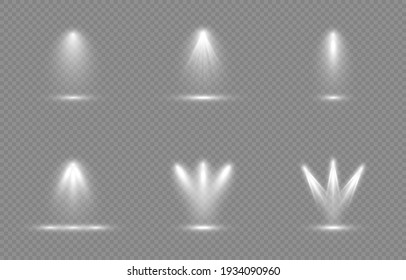 Conjunto vectorial de luz. Fuente de luz, iluminación de estudio, paredes, png. Vigas claras, efecto luminoso.