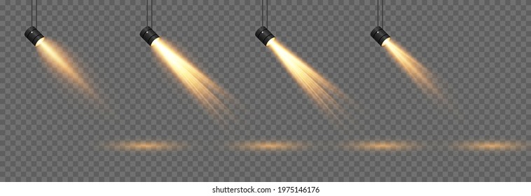 Vector set of light. Light source, studio lighting, walls, png. Yellow, golden light. Spot lighting, spotlight PNG. Rays, light effect.