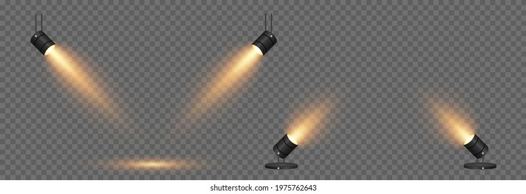 Vector Set Of Light. Light Source, Studio Lighting, Walls, Png. Yellow, Golden Light. Spot Lighting, Spotlight PNG. Rays, Light Effect.