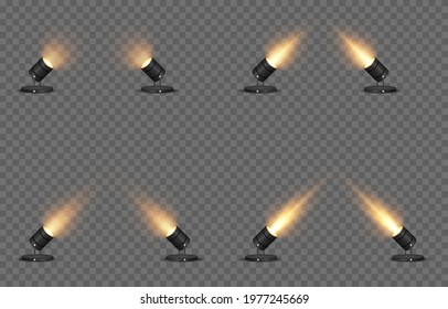 Vector Set Of Light. Light Source, Studio Lighting, Walls, Png. Yellow, Golden Light. Spot Lighting, Spotlight PNG. Rays, Light Effect.