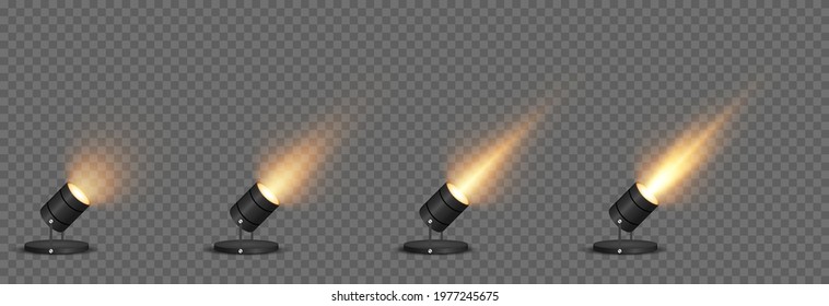 Vector set of light. Light source, studio lighting, walls, png. Yellow, golden light. Spot lighting, spotlight PNG. Rays, light effect.