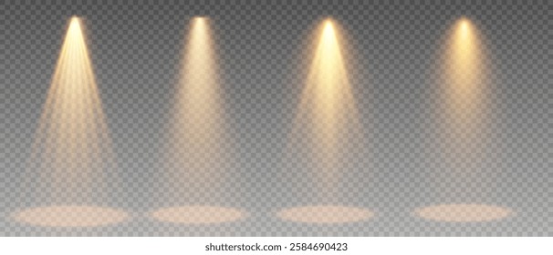 Vector set of light stage lighting spotlight, scene, stage lighting large collection, projector light effects, light source, studio lighting, walls, PNG. Spotlight PNG. Includes light beams, effects.