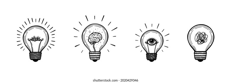 Vector set of lightbulb with eye, brain, messy line. Idea concept light bulb. Hand drawn vector illustration.